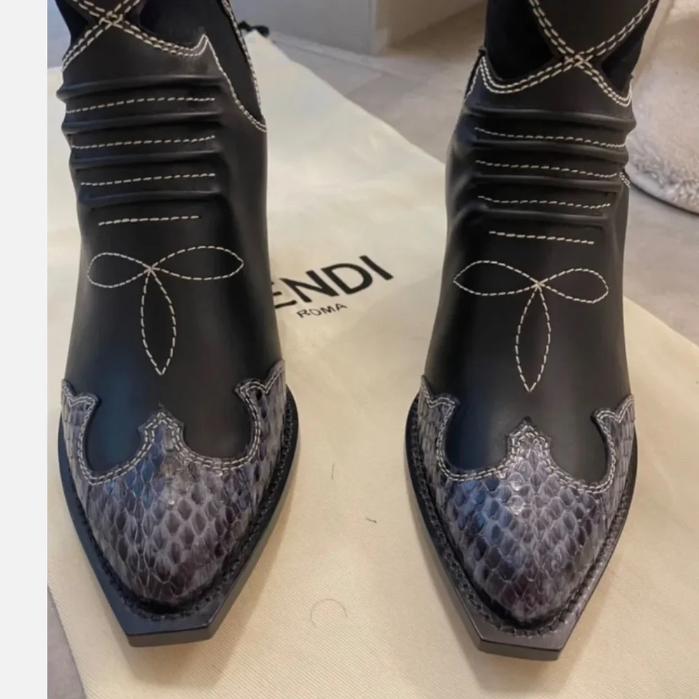 AUTH FENDI New Cowboy Sock Boot Leather Snakeskin Size 38 - Picture 5 of 11